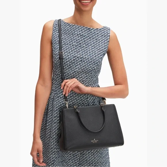 ♠️ Kate Spade Leila Medium Triple Compartment Satchel Black Pebbled Leather Bag - Picture 2 of 12